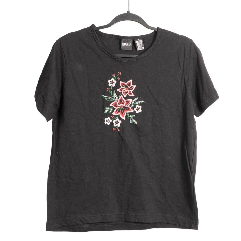 Erika Floral Beaded TShirt M Women Y2K Black Red Embroidered Short Sleeve Cotton